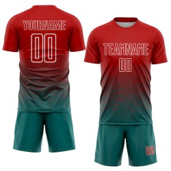 Custom Red Teal-White Gradient Line Sublimation Soccer Uniform Jersey