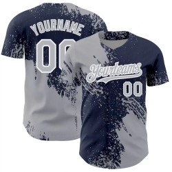 Custom Gray Navy-White 3D Pattern Design Abstract Brush Stroke Authentic Baseball Jersey